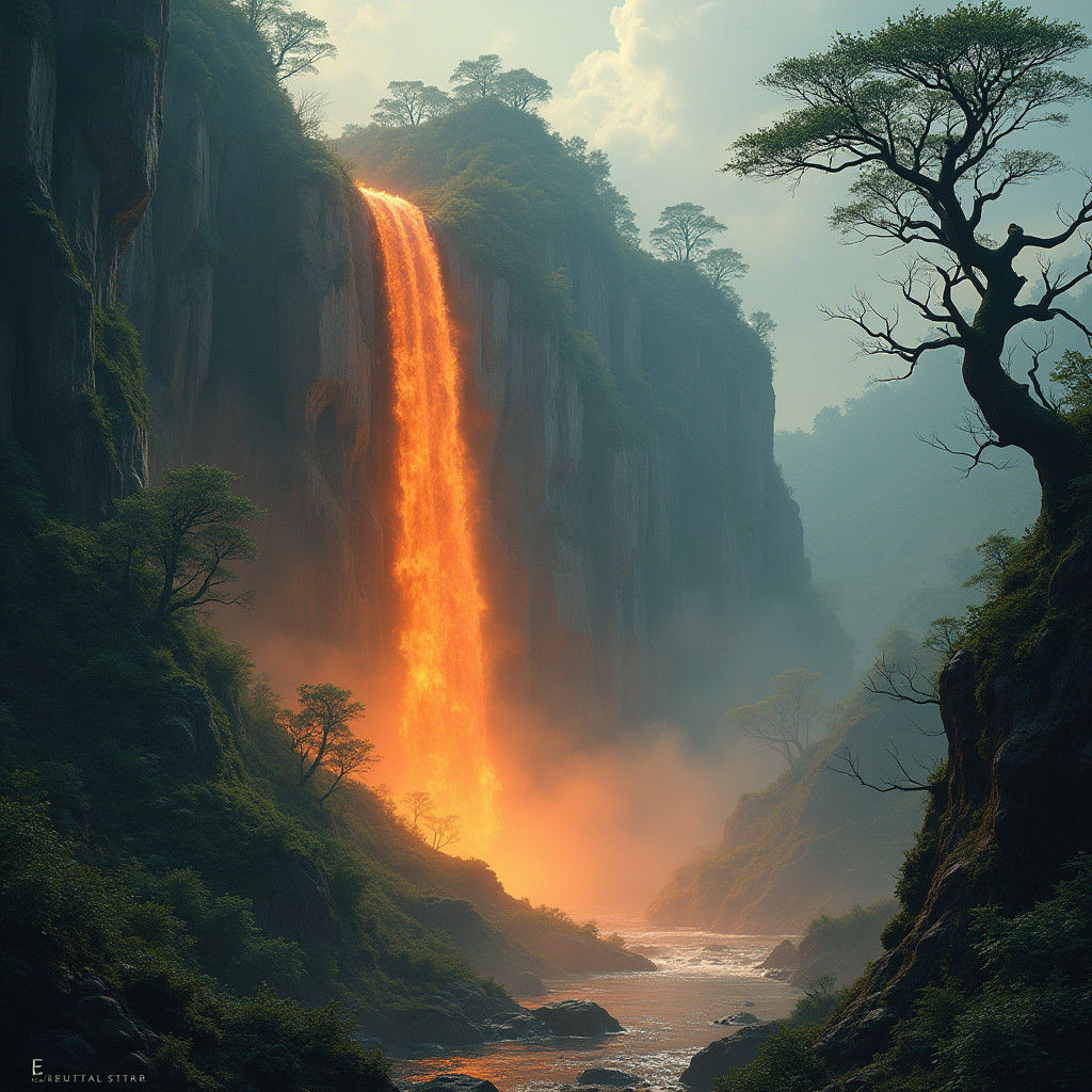 Blazing Waterfall in Dreamlike Futuristic Style
