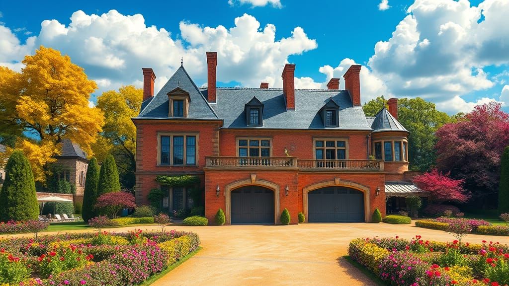 Grand Brick Chateau in Painterly Sunlight