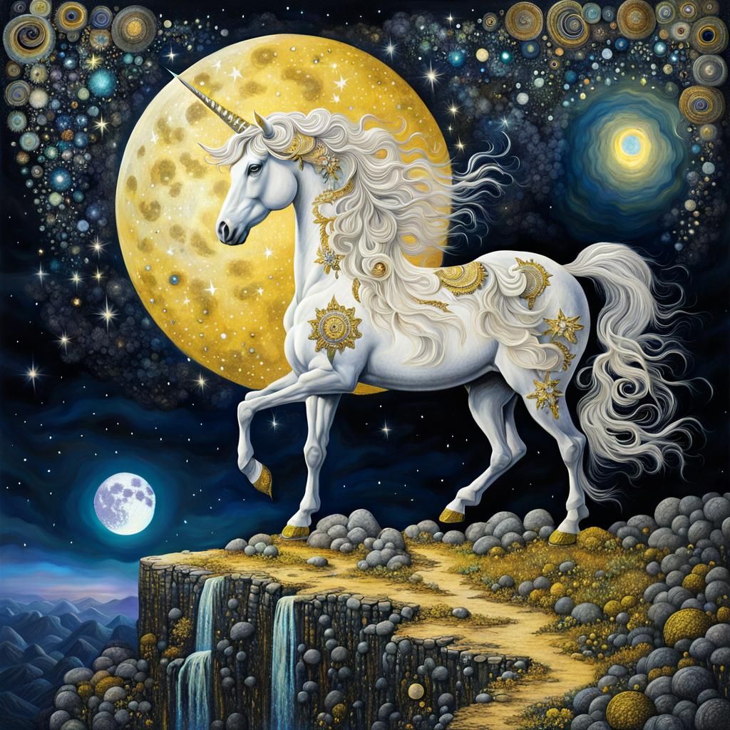 Stardust Unicorn on Cliff in Detailed Digital Art