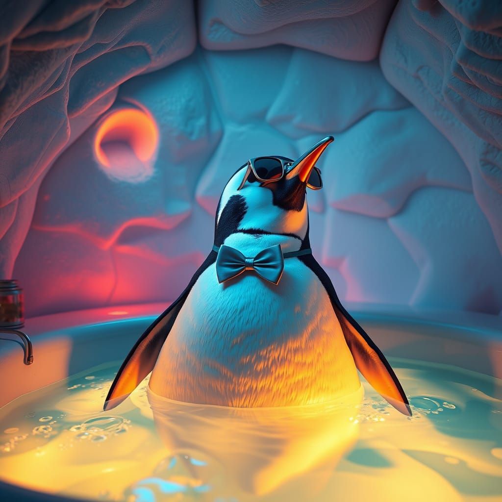Penguin in Igloo Jacuzzi with Dramatic Lighting