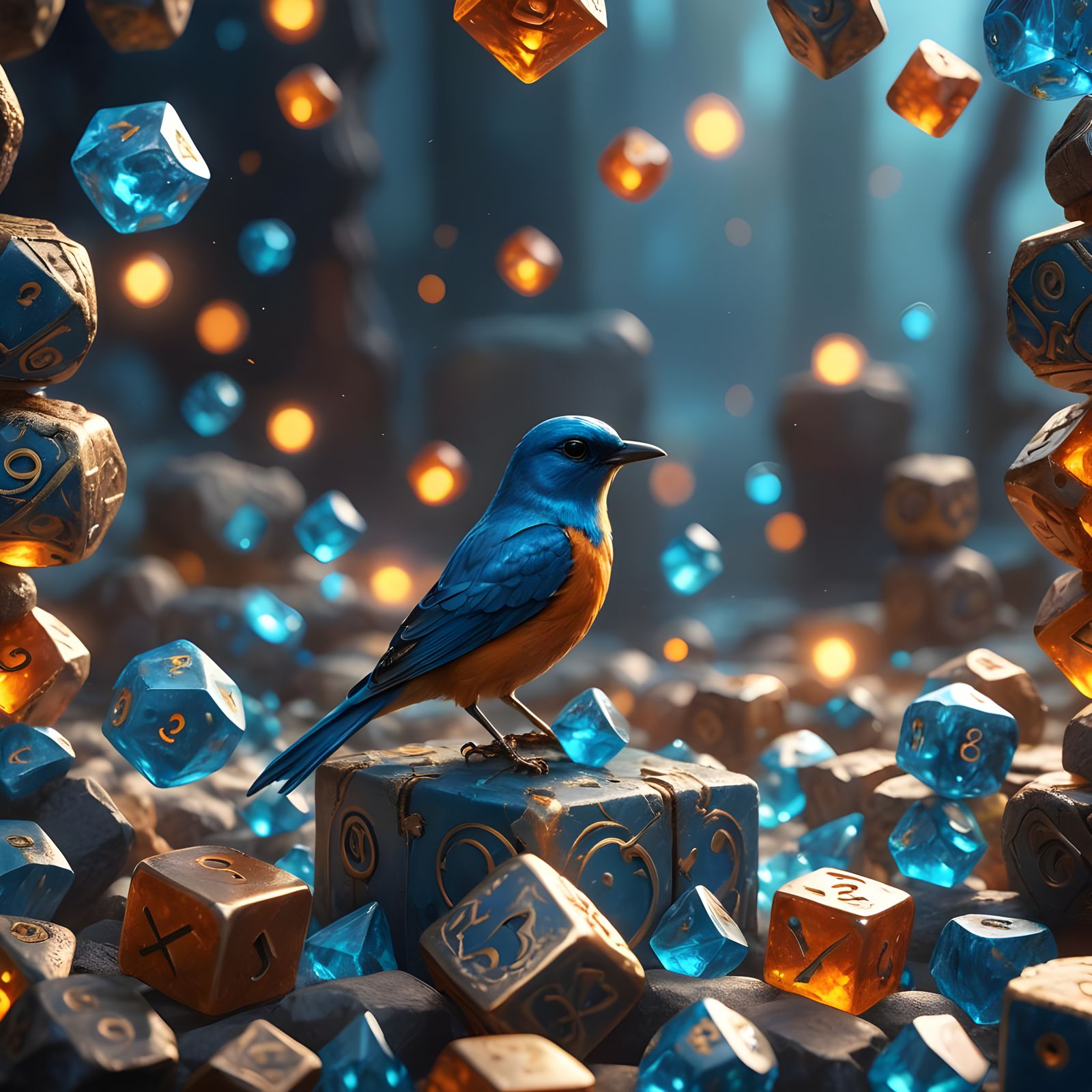 Blue Gemstone Dice on Blue Bird in Fantasy Art