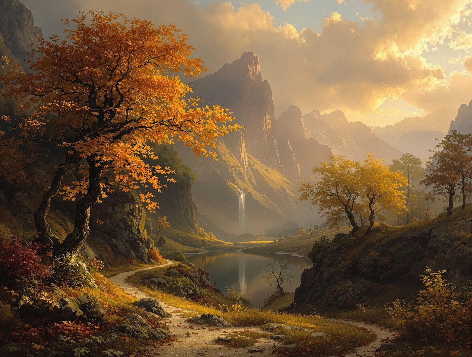 Elysian Autumn Landscape as Romantic Oil Painting