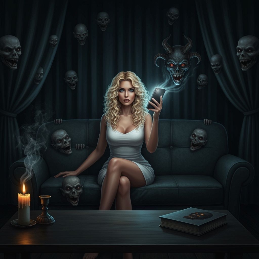 Horror Scene: Woman with Scary Faces in Darkened Room