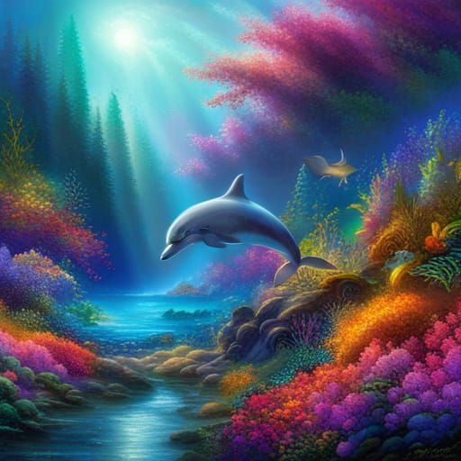 Underwater Dolphins in Colorful Coral Reef