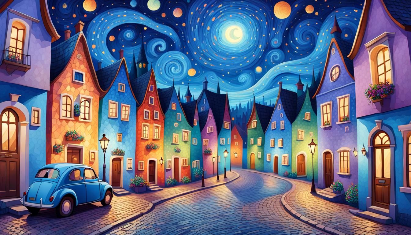 Enchanting Cobblestone Street at Night with Fairytale Houses