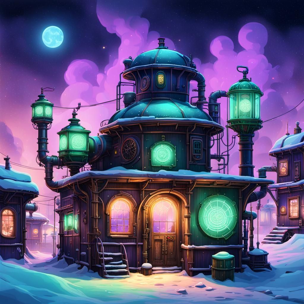Steam Punk Outpost Emanates Vibrant Neon on Frozen Tundra