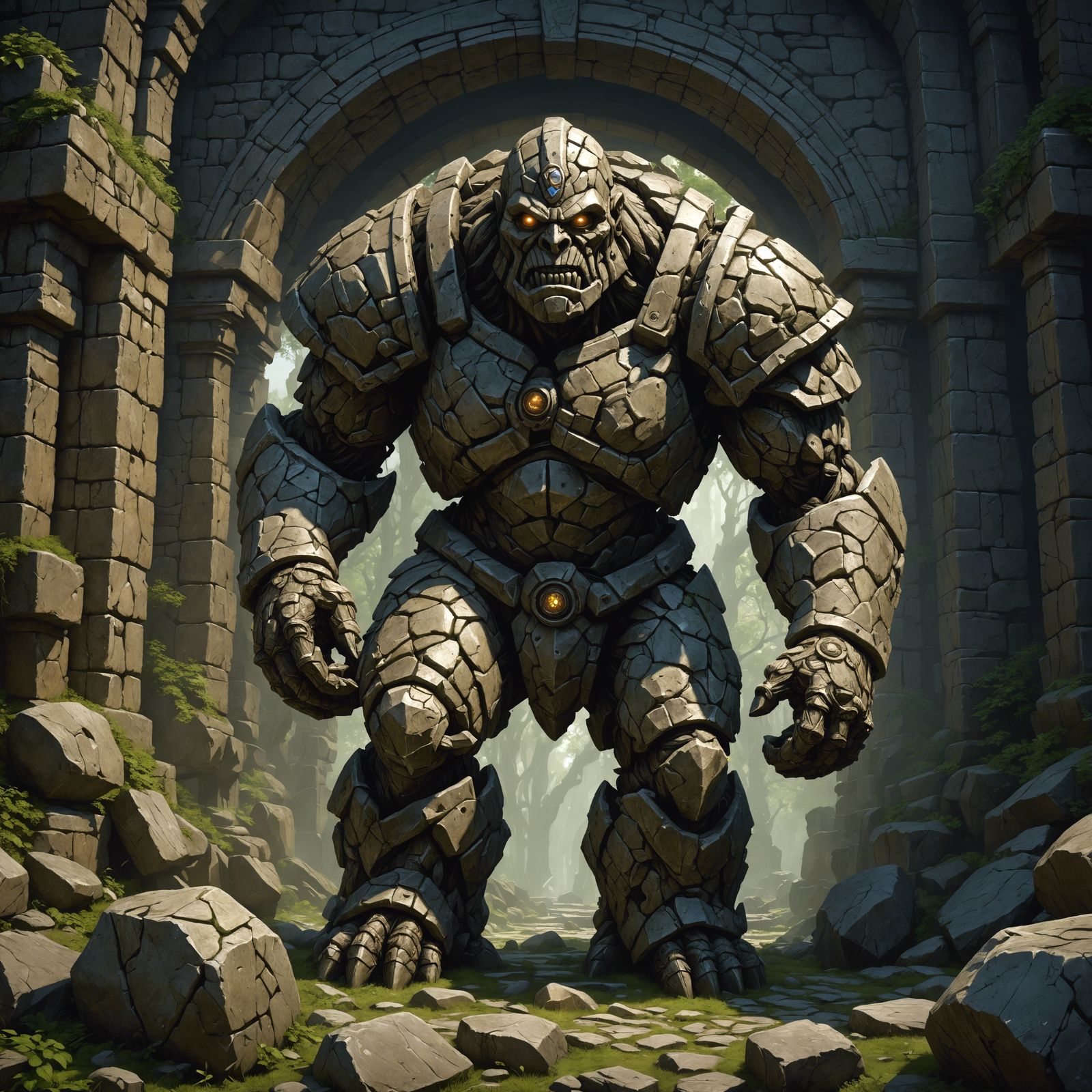 Stone Golem Illustration in Dark Fantasy Style