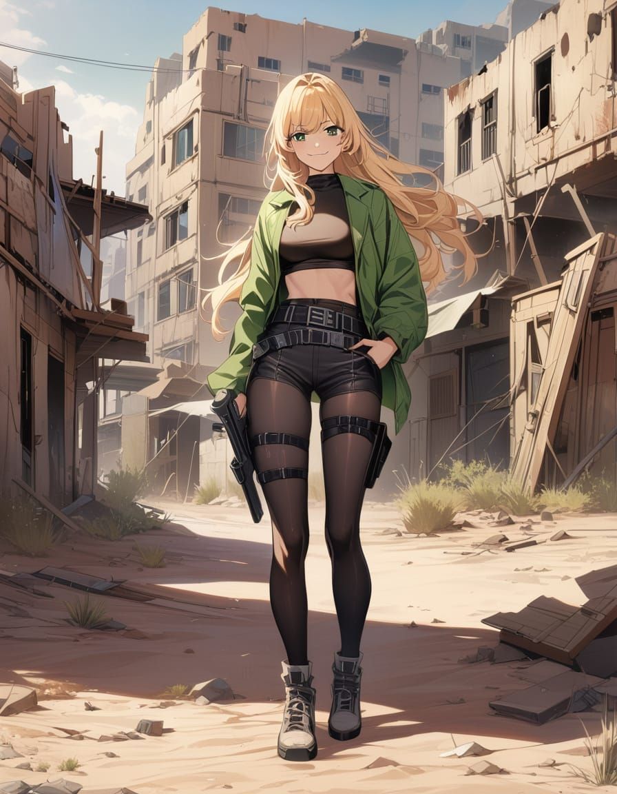 Retro 80s Bounty Hunter Girl in Abandoned Desert Town