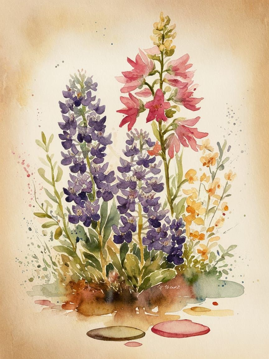 Vintage Watercolor Painting of Bluebonnets and Paintbrushes