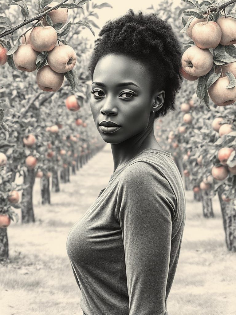 African American Woman in Orchard, Realistic Pencil Drawing