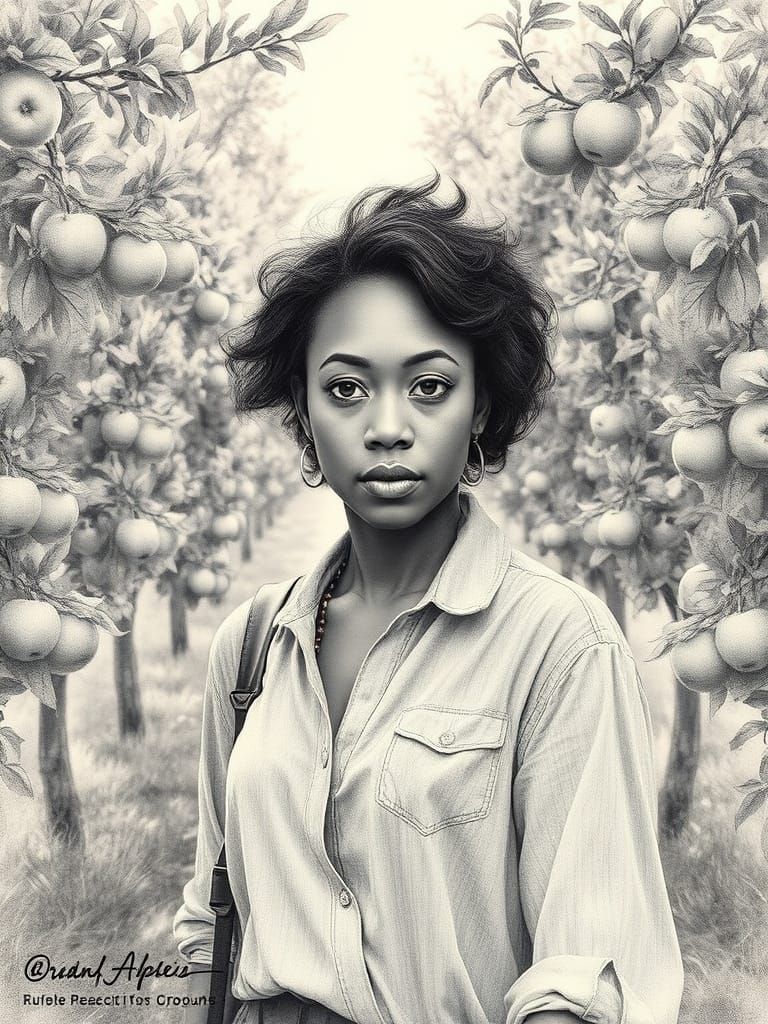 African American Woman in Sunlit Apple Orchard