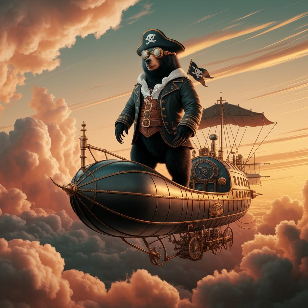 Steampunk Bear Captain on an Airborne Pirate Ship