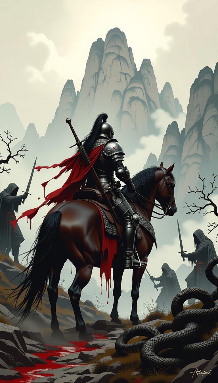 War Horseman Rides Through Apocalyptic Landscape