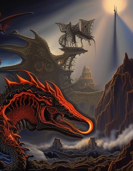 Surreal Dinosaur Spaceship Dreamscape in Dark Fantasy Art