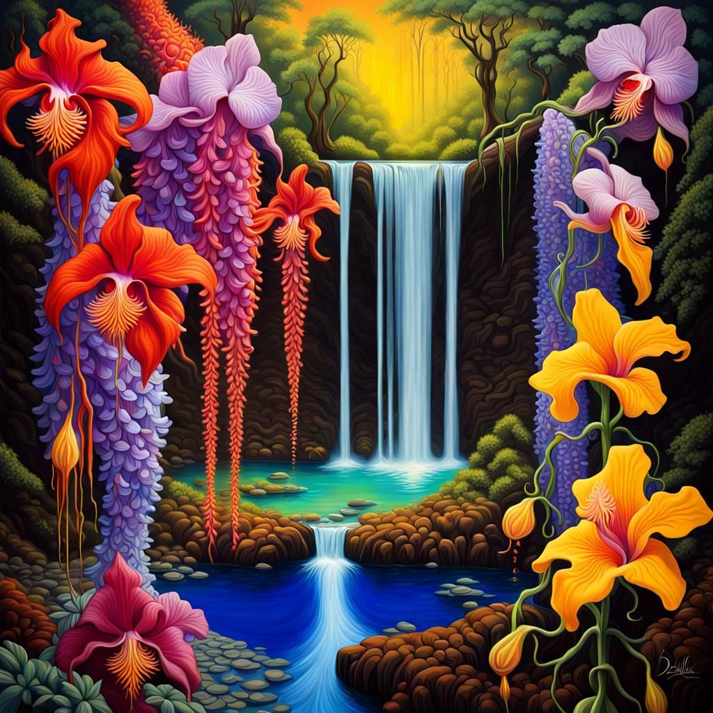 Surreal Flower Waterfall Garden in Oil on Canvas
