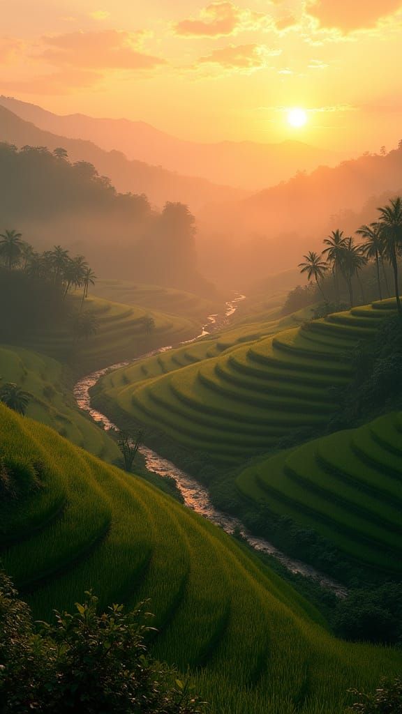 Bali Sunset Noir: Mysterious Paddy Fields on Rolling Hills