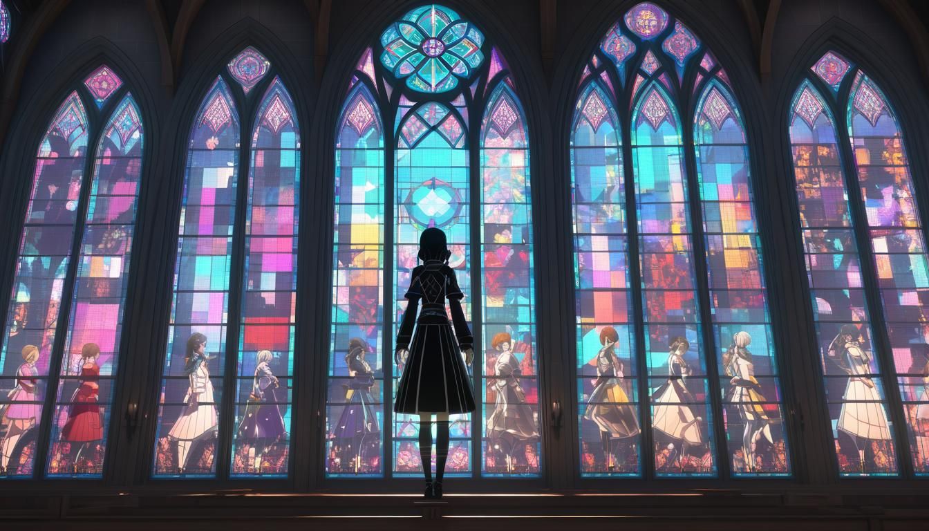 Anime Girls in Stained Glass Church, 3D Anime Art