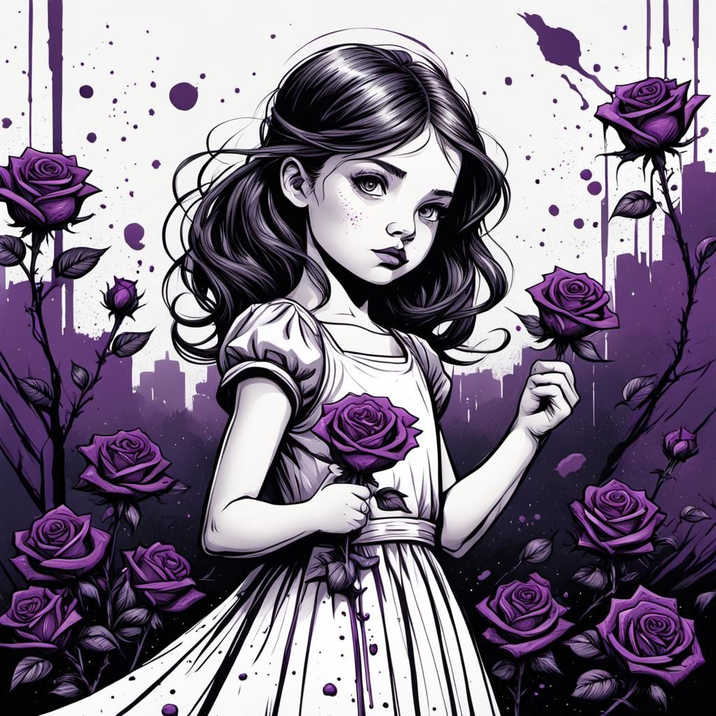 Monochrome Comic Girl with Purple Rose
