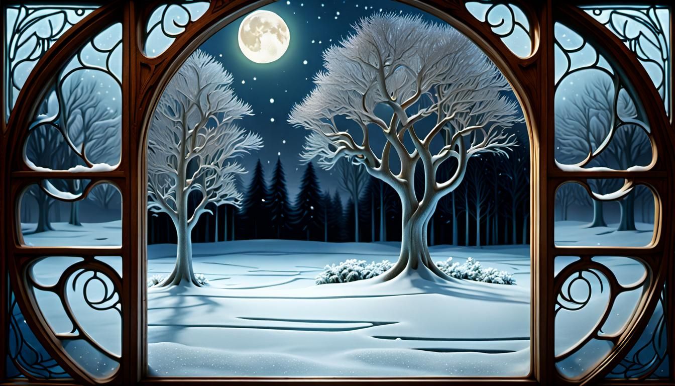 Art Nouveau Window View of Snowy Garden
