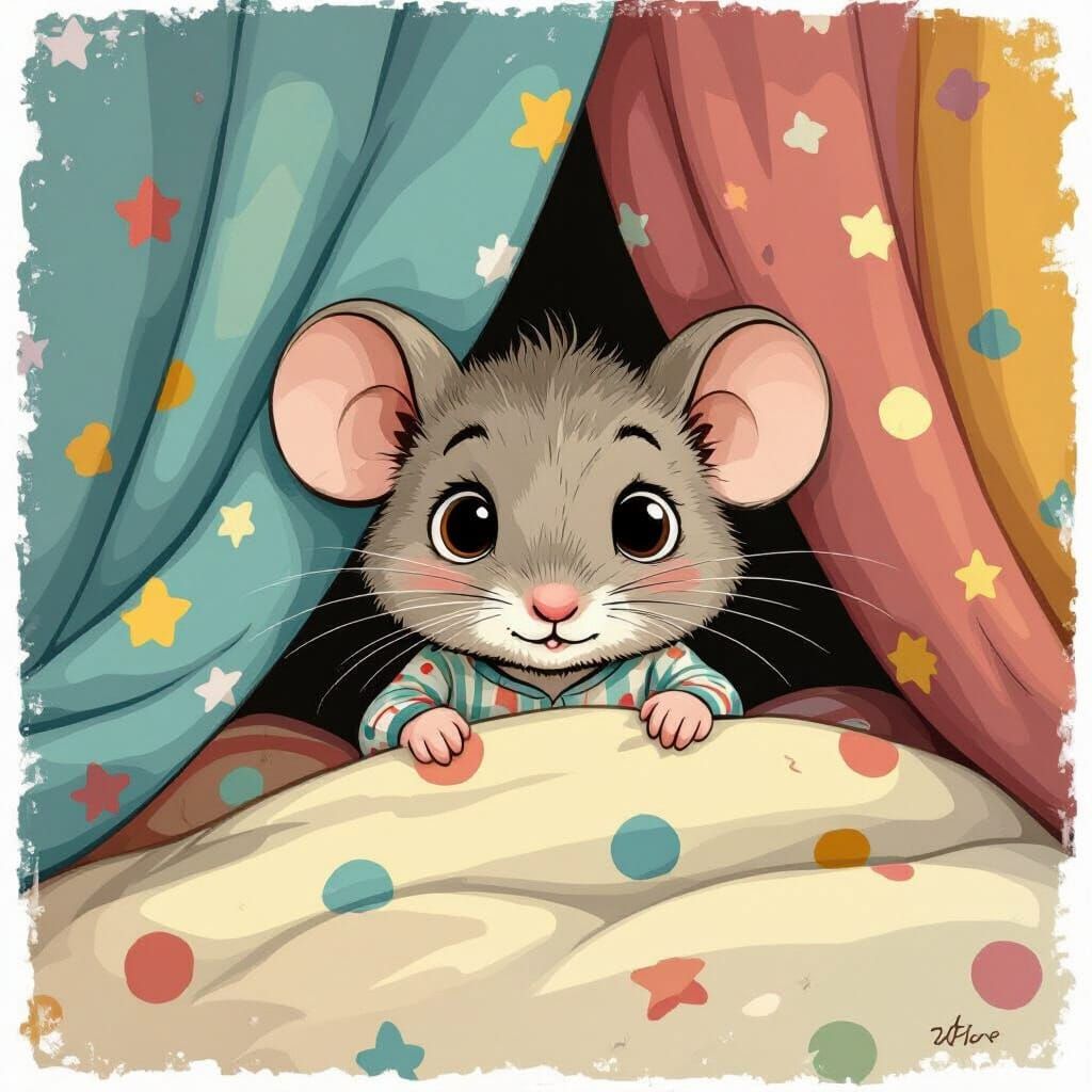 Shy Mouse in Pajamas Cartoon Illustration