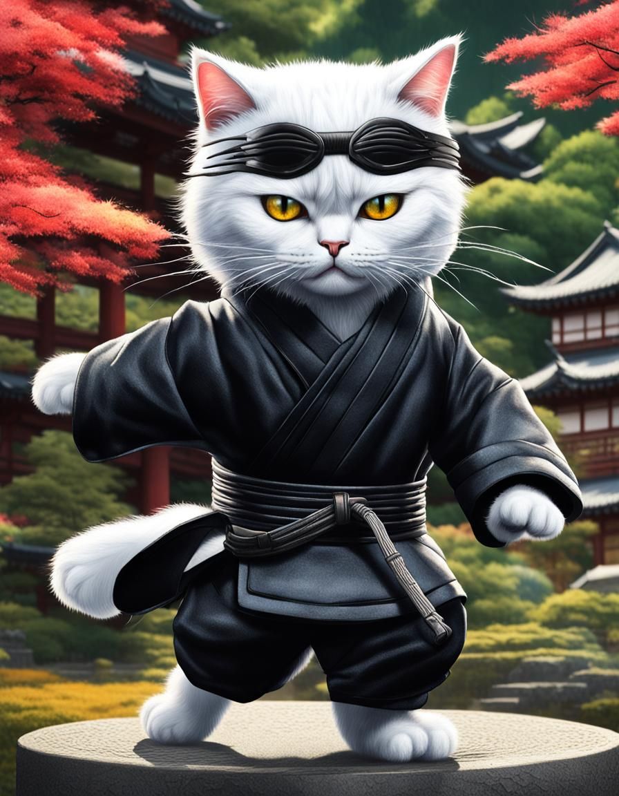 Ninja Cat in Japan Garden: Hyperrealistic Splash Art