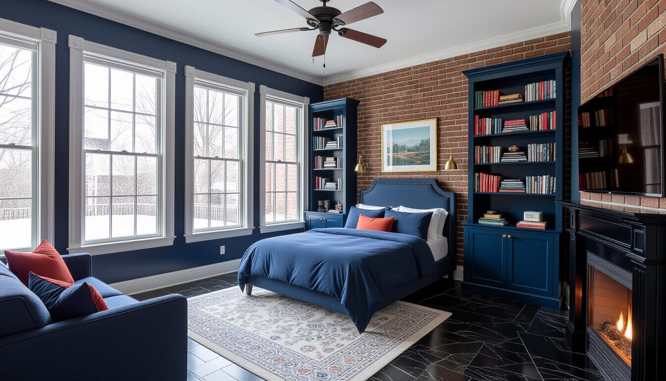 Victorian Bedroom with Snowy View and Fireplace