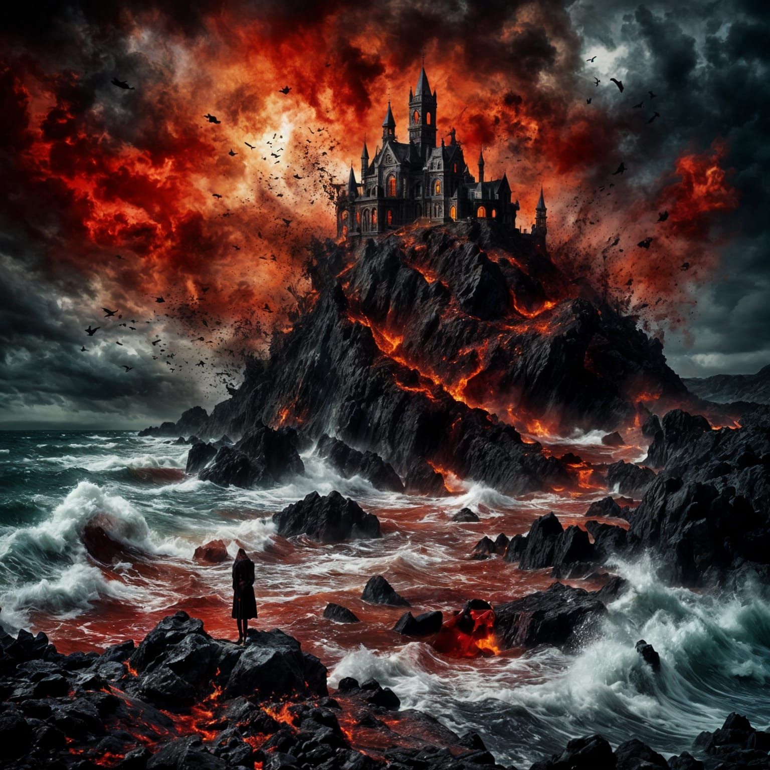 Gothic Beach Scene of Despair in Fiery Red