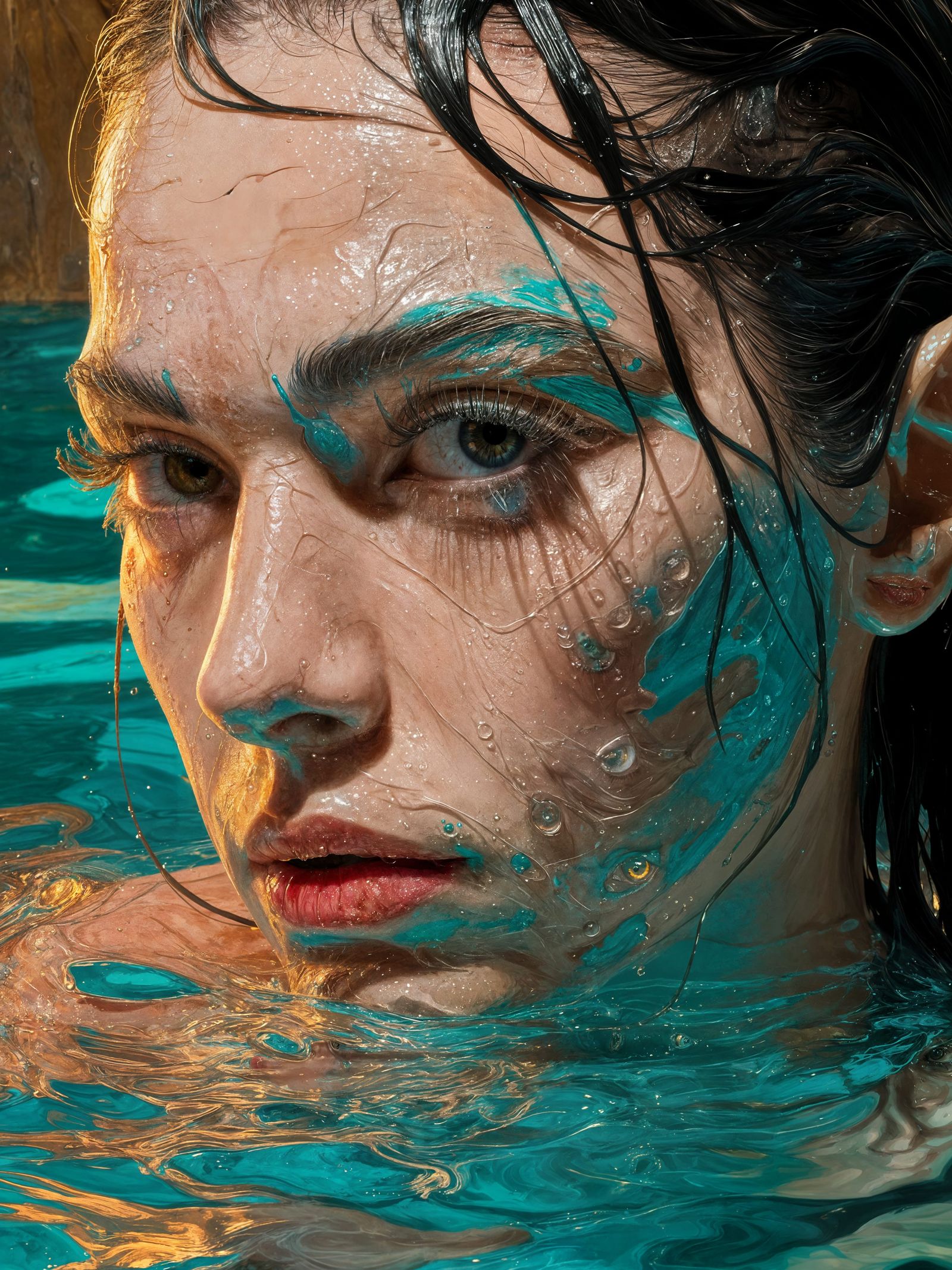 Neo-Expressionist Woman Portrait in Turquoise Water