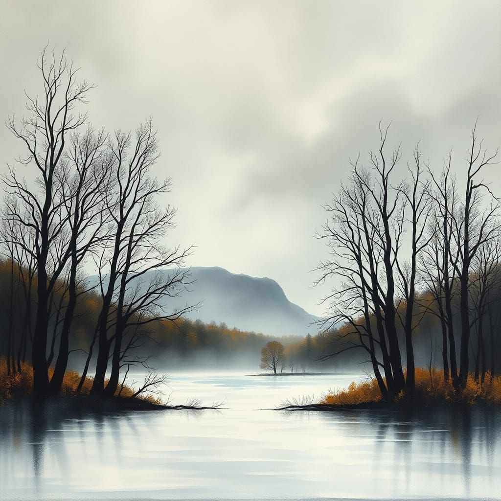 Barren Trees Reach for Grey Skies in Abstract Watercolour