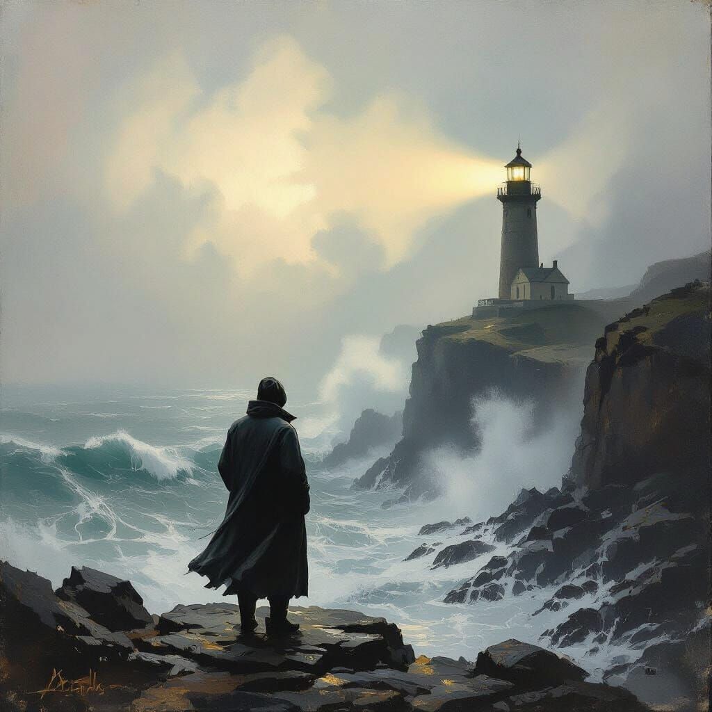 Lighthouse Keeper on Stormy Coast: Painterly Style