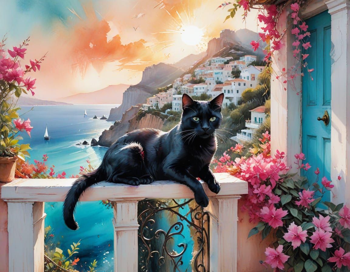 Black Cat on Balcony with Cliffside Villas at Sunset