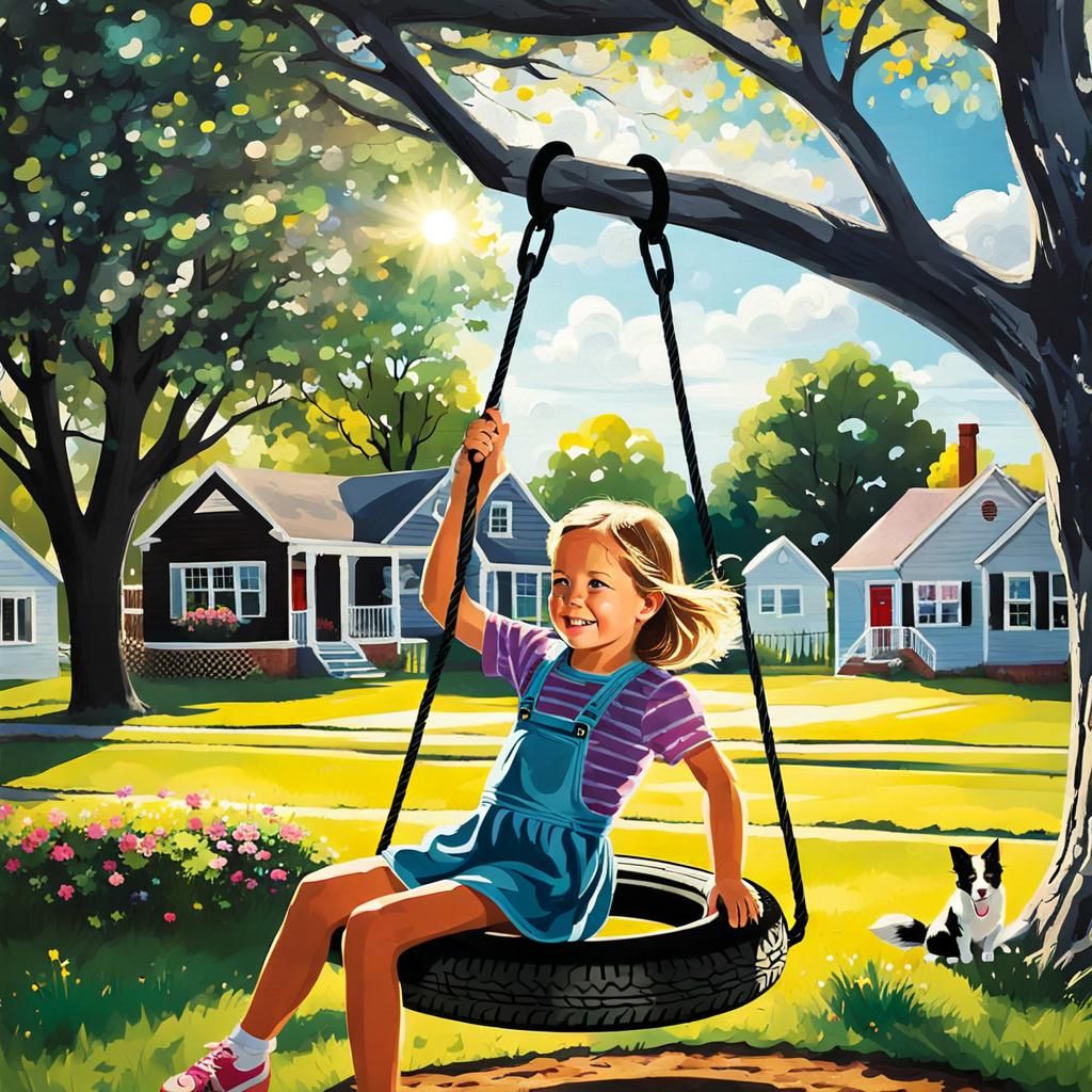 Girl on Tire Swing in Sunlit Yard
