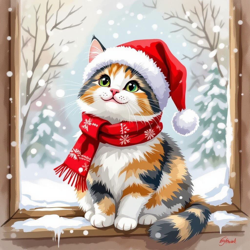 Calico Cat in Santa Hat Watches Snowfall: Watercolor Art