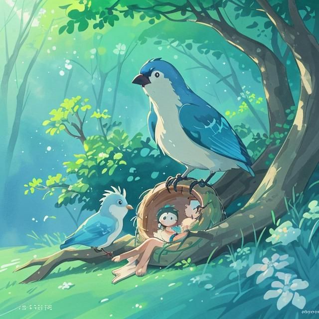 Mama Bird Feeds Babies: Anime-Inspired Watercolor