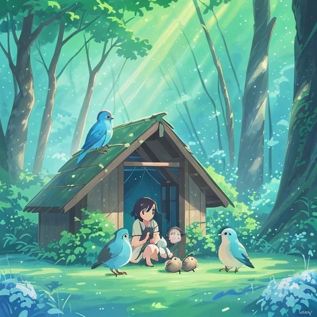 Watercolor Bird Nest in Green Woods