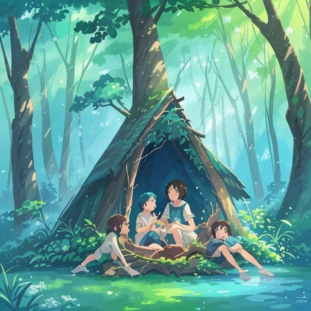 Mama Bird and Babies, Watercolor Ghibli Style