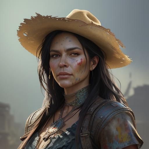 Cowboy Portrait with Mexican Ruins in Expressionist Style