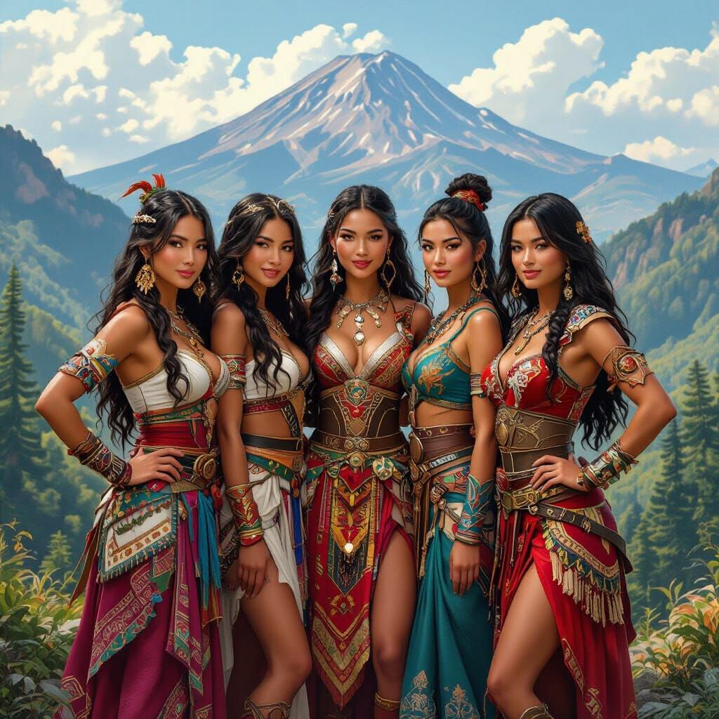 Diverse Amazonian Warriors in Mountain Landscape