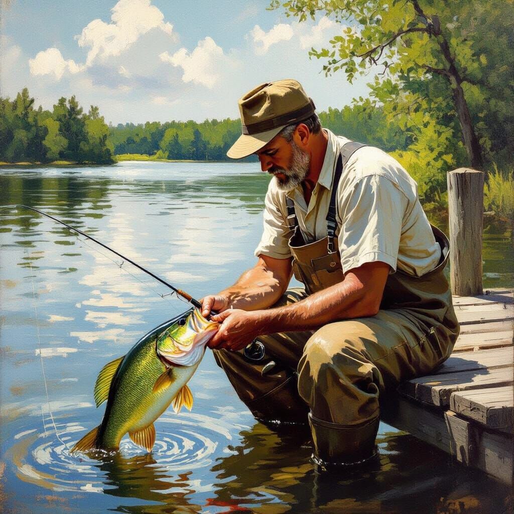 Man Catches Large Bass on Serene Lake Oil Painting