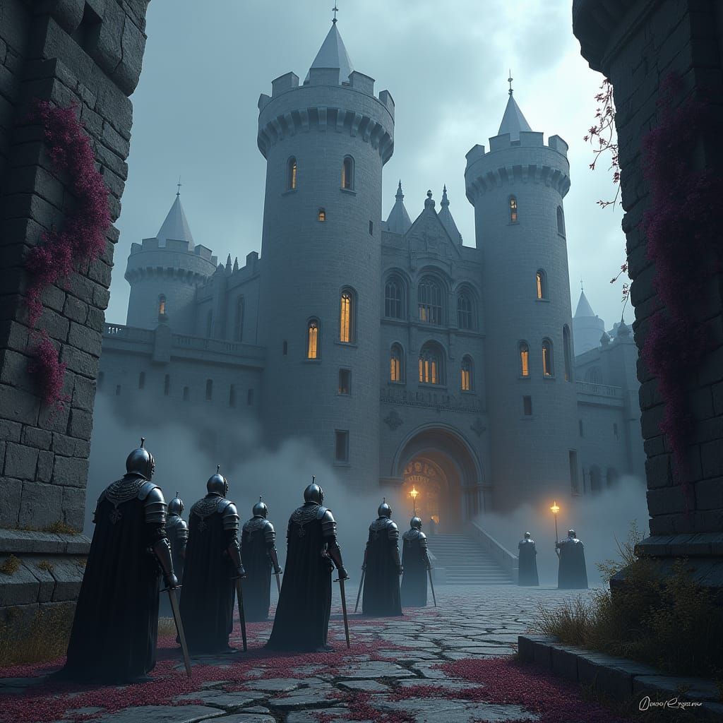 Ominous Medieval Castle with Armored Knights