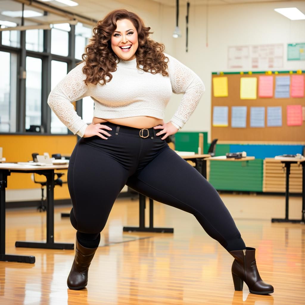 Curvy Teacher with Long Brown Hair and Boots