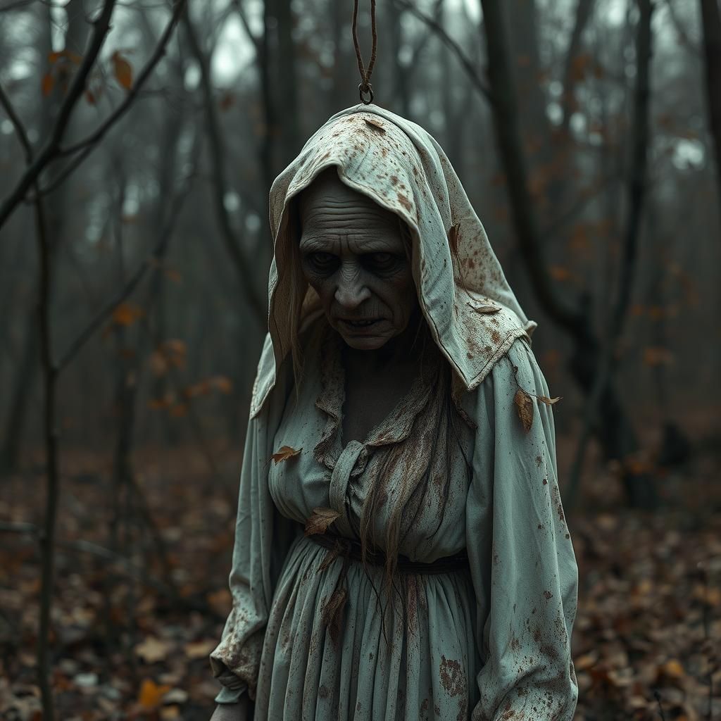 Eerie Crone Bride in Somber Forest, 3D Render