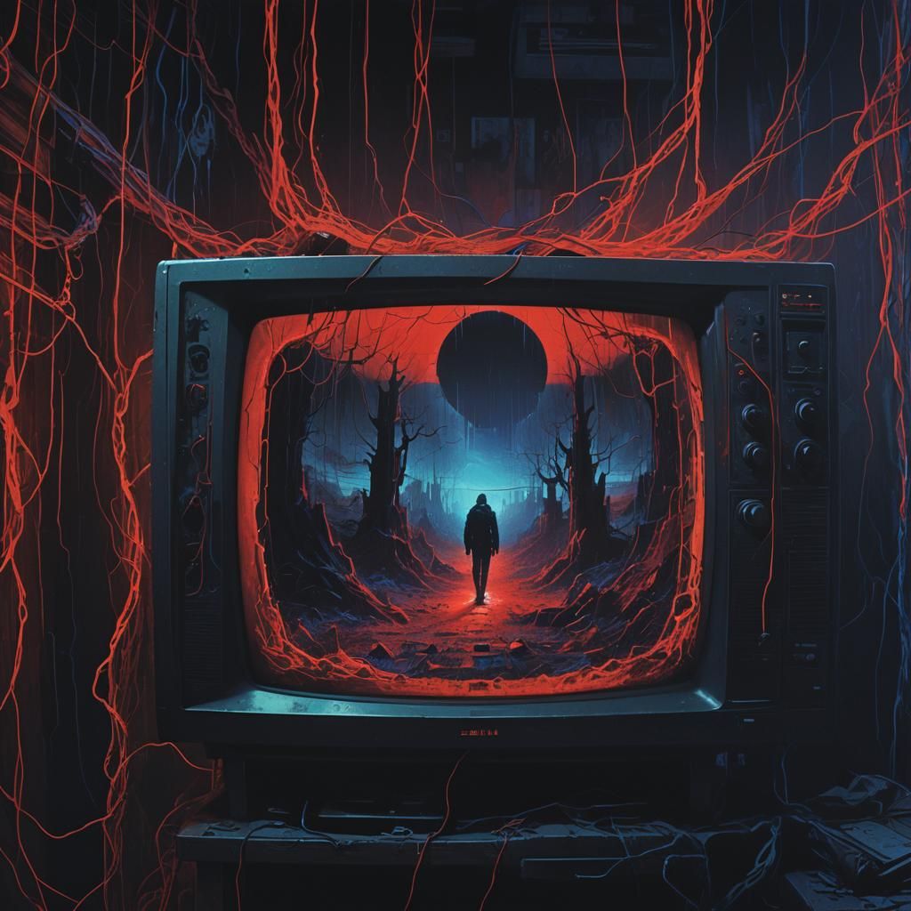 Eerie Figure Lurking Behind Static TV in Dark Fantasy Art