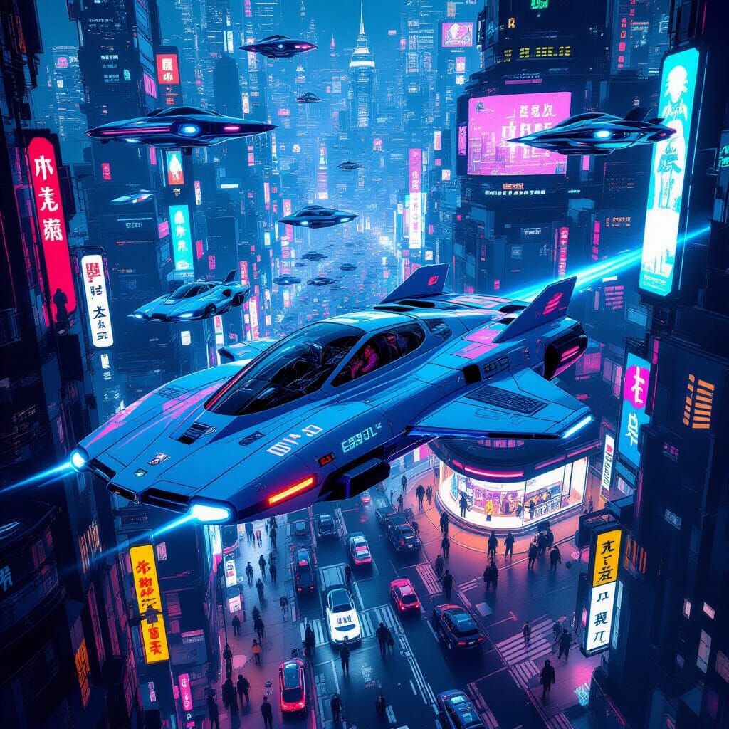 Retro-Futuristic Flying Car Over Cyberpunk City