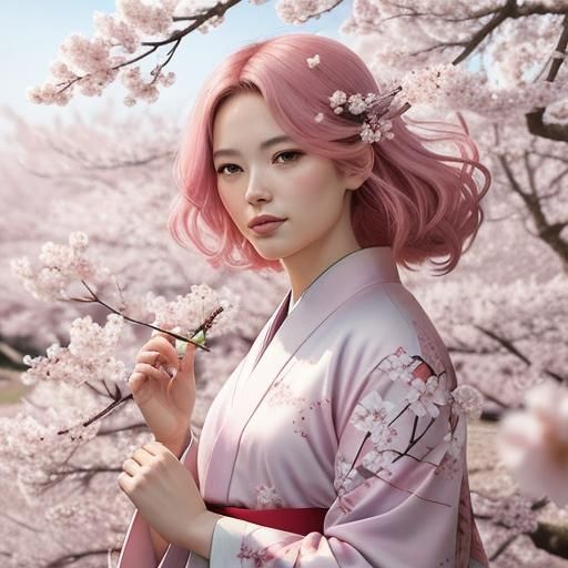 Girl Under Cherry Blossoms in Comic Book Style