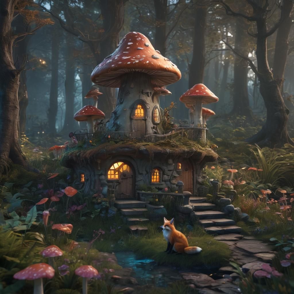 Enchanted Mushroom House in Bioluminescent Forest