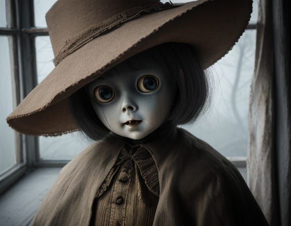 Creepy Doll Drawing in Dusty Attic, Childlike Scrawl