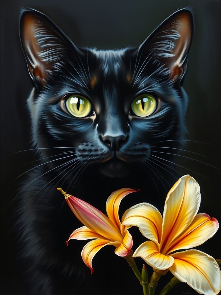 Black Cat with Green Eyes in Oil Painting Style
