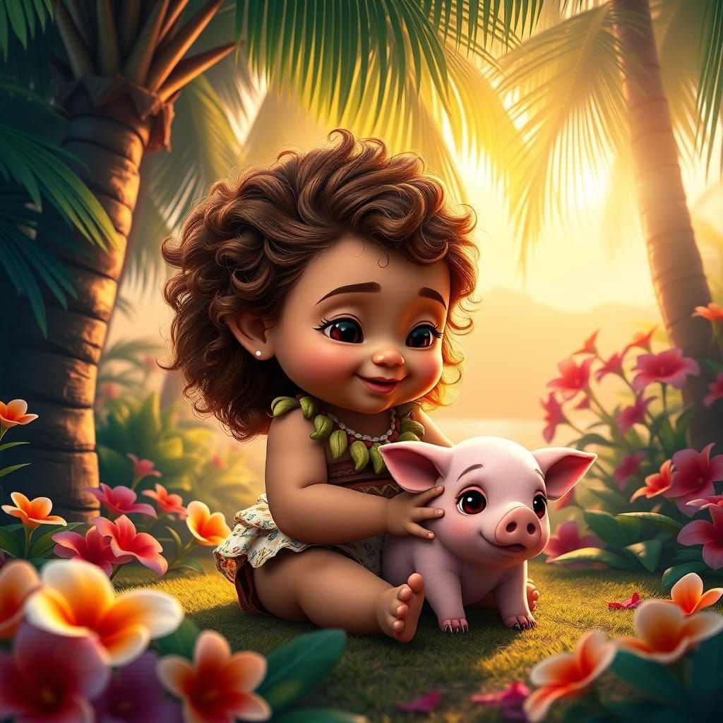 Cute Baby Moana Plays with Piglet in Tropical Paradise