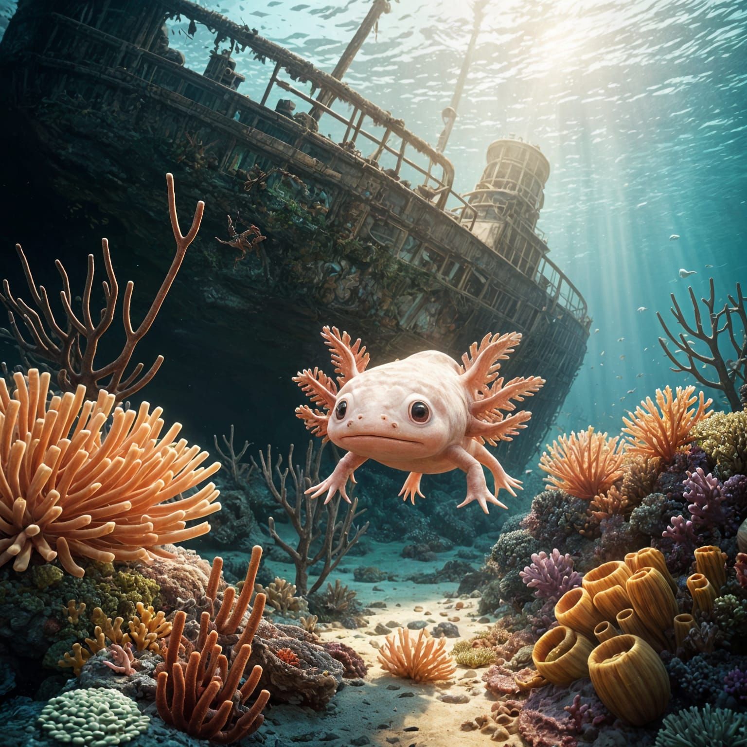 Magical Axolotl Explores Vibrant Coral Reef